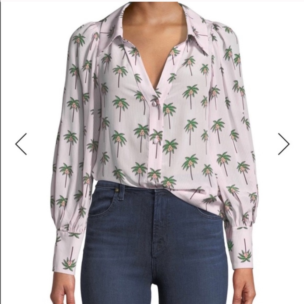 SUMMER 100% Silk Pinstripes Palm Tree Blouse